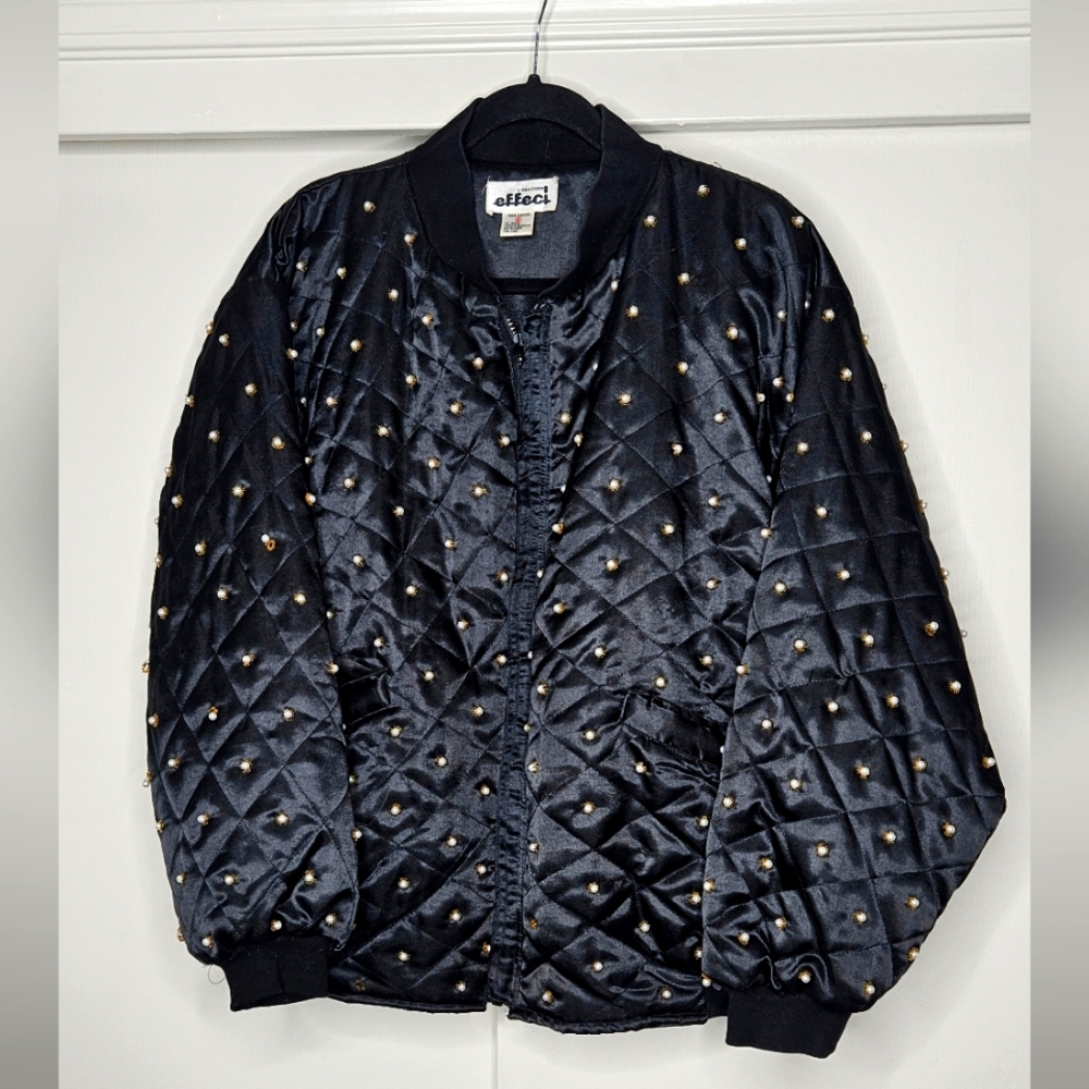 VTG Creazioni Effeci Black Pearl Quilted Bomber Jacket Womens Sz S